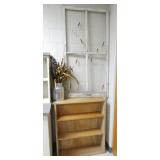 ECFE - wood bookshelf and a farm window with chicken coop wire and a tin milk can with foliage