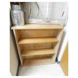 ECFE - wood bookshelf and a farm window with chicken coop wire and a tin milk can with foliage