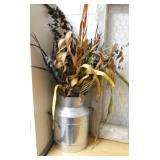 ECFE - wood bookshelf and a farm window with chicken coop wire and a tin milk can with foliage
