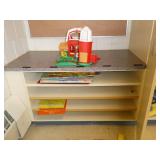 Rm 115 - 2 short bookshelves 54x17x30 and 52x25x30 and one cabinet 36x24x80and all contents