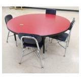 Rm 114 - Red 4ft table with 4 blue chairs