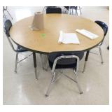 Rm 114 - Woodgrain 4ft table with 4 blue chairs