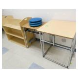 Rm 111B - 2 light stands and a double sided bookshelf and 3 balance discs