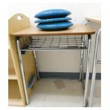 Rm 111B - 2 light stands and a double sided bookshelf and 3 balance discs