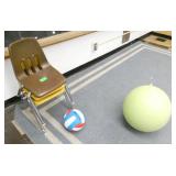 Rm 108 - 3 chairs, soccer ball, bouncy chair, bookshelf, mirror, rug