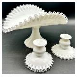 Vintage Fenton Banana Boat Bowl and Candlesticks - Silver Crest with Ruffle Edge
