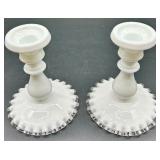 Fenton Milk Glass Silver Crest Bowl & Candlesticks Set