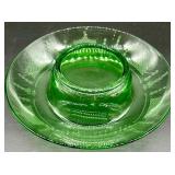 Vintage Uranium Glass Console Bowl - Etched Garland Pattern & Green Depression Glass