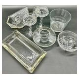 Vintage Glassware Set including Twisted-Stem Candlesticks, Hex Leaf Dish, Tumbler and More