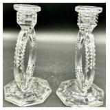 Libochovice - Vintage Art Deco Clear Glass Ring Candlesticks - Czech