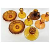 Amber Glass Starburst Edge Dishes & Candlesticks Set - 8-Piece Amber Glass including Indiana