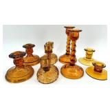 Vintage Assorted Amber Glass Candlesticks - 4 Pair