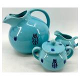 Vintage Cronin Pottery - Blue Tulip Pattern 3-Piece Set: Pitcher, Creamer & Lidded Sugar Bowl