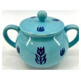 Vintage Cronin Pottery - Blue Tulip Pattern 3-Piece Set: Pitcher, Creamer & Lidded Sugar Bowl