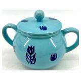 Vintage Cronin Pottery - Blue Tulip Pattern 3-Piece Set: Pitcher, Creamer & Lidded Sugar Bowl