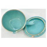 Vintage Cronin Pottery Blue Tulip Pattern Turquoise Lidded Pot Set