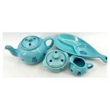 Vintage Mid Century Cronin Pottery - Blue Tulip Pattern - Teapot with Lid, Creamer & Sugar, Divided Dish