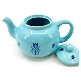 Vintage Mid Century Cronin Pottery - Blue Tulip Pattern - Teapot with Lid, Creamer & Sugar, Divided Dish