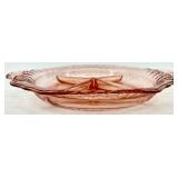 Vintage Pink Depression Glass Serving Dishes including Divided Dish, Bowl and Candlesticks