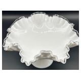 Vintage Fenton Silver Crest Compote Bowl - White Glass Pedestal with Ruffled Rim