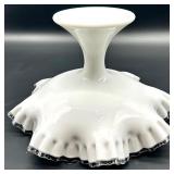 Vintage Fenton Silver Crest Compote Bowl - White Glass Pedestal with Ruffled Rim