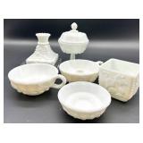 Vintage Milk Glass Grapevine Pattern 6-Piece Serving Set - Pedestal Compote, Teacup & Bowls