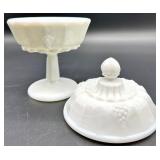 Vintage Milk Glass Grapevine Pattern 6-Piece Serving Set - Pedestal Compote, Teacup & Bowls