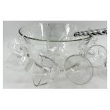 Vintage Glass Punch Bowl Set with 12 Glass Cups and Hooks
