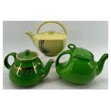Vintage Hall 6-Cup Teapots - 2 Green & Yellow Ceramic with Gold Trim