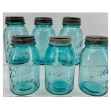 Vintage Ball Perfect Mason Blue Glass Jars - Set of 6 - Zinc Lids with Milk Glass Insert #2