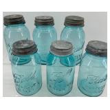 Vintage Ball Perfect Mason Blue Glass Jars - Set of 6 - Zinc Lids with Milk Glass Insert #2