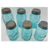 Vintage Ball Perfect Mason Blue Glass Jars - Set of 6 - Zinc Lids with Milk Glass Insert #3