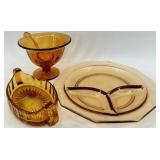 Vintage Amber Glassware Set - Pedestal Mayo Bowl with Glass Spoon, Divided Dish and Dish with Handles