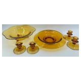 Fostoria Amber Glass Candlestick Holders & Compote Bowls - Vintage Decor