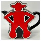 Dept 56 Longhorn Teapots & Cups & Saucers Set - Black w/ Red & Yellow Logos