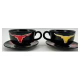 Dept 56 Longhorn Teapots & Cups & Saucers Set - Black w/ Red & Yellow Logos