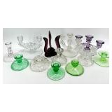 12 Assorted Vintage Crystal Glass Candlesticks including Purple Viking Glass