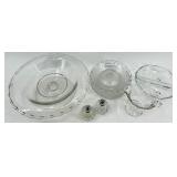 Vintage Fostoria Clear Glass Pedestal Compote, Salt & Pepper Shakers, 6 Swirl Bowls, Divided Dish and Creamer