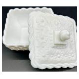 Vintage Milk Glass including Daisy Pattern - Lidded Box, Candlestick, Compotes & Dishes