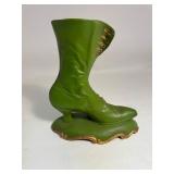 Atlantic Mold Green Glazed Gold Ceramic Victorian Boot Vase Planter Atlantic Mold Green Glazed Gold Ceramic Victorian Boot Vase Planter