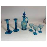 Lot of Blue Hand Blow Glass Decanter, Cups, & Candle Holders Lot of Blue Hand Blow Glass Decanter, Cups, & Candle Holders