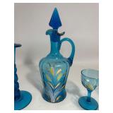 Lot of Blue Hand Blow Glass Decanter, Cups, & Candle Holders Lot of Blue Hand Blow Glass Decanter, Cups, & Candle Holders