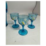 Lot of Blue Hand Blow Glass Decanter, Cups, & Candle Holders Lot of Blue Hand Blow Glass Decanter, Cups, & Candle Holders