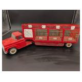 Vintage Red Tin Circus Truck with Cage Trailer - 3 Compartments, Gold Trim, Collectible Vintage Red Tin Circus Truck with Cage Trailer - 3 Compartments, Gold Trim, Collectible