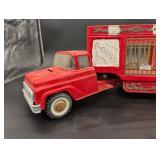 Vintage Red Tin Circus Truck with Cage Trailer - 3 Compartments, Gold Trim, Collectible Vintage Red Tin Circus Truck with Cage Trailer - 3 Compartments, Gold Trim, Collectible