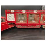 Vintage Red Tin Circus Truck with Cage Trailer - 3 Compartments, Gold Trim, Collectible Vintage Red Tin Circus Truck with Cage Trailer - 3 Compartments, Gold Trim, Collectible