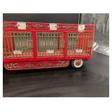 Vintage Red Tin Circus Truck with Cage Trailer - 3 Compartments, Gold Trim, Collectible Vintage Red Tin Circus Truck with Cage Trailer - 3 Compartments, Gold Trim, Collectible