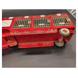 Vintage Red Tin Circus Truck with Cage Trailer - 3 Compartments, Gold Trim, Collectible Vintage Red Tin Circus Truck with Cage Trailer - 3 Compartments, Gold Trim, Collectible