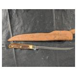 Antler-Handled Knife - Leather Sheath - Vintage Hunting/Utility Blade Antler-Handled Knife - Leather Sheath - Vintage Hunting/Utility Blade