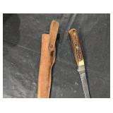 Antler-Handled Knife - Leather Sheath - Vintage Hunting/Utility Blade Antler-Handled Knife - Leather Sheath - Vintage Hunting/Utility Blade